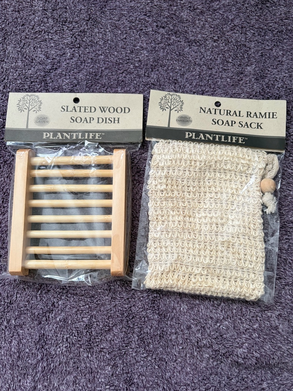 Natural Ramie Soap Sack and Slated Wood Soap Dish Set